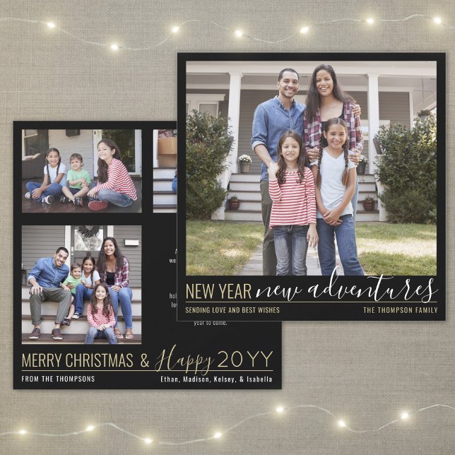 4 Photo New Year New Adventures Modern Black Gold Holiday Card (Creator Uploaded)