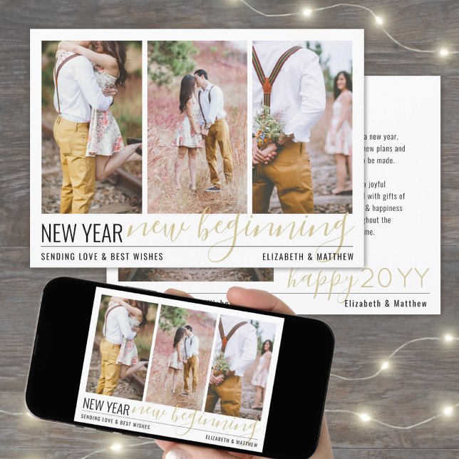 4 Photo New Year New Beginning Simple Script Gold Holiday Card (Creator Uploaded)