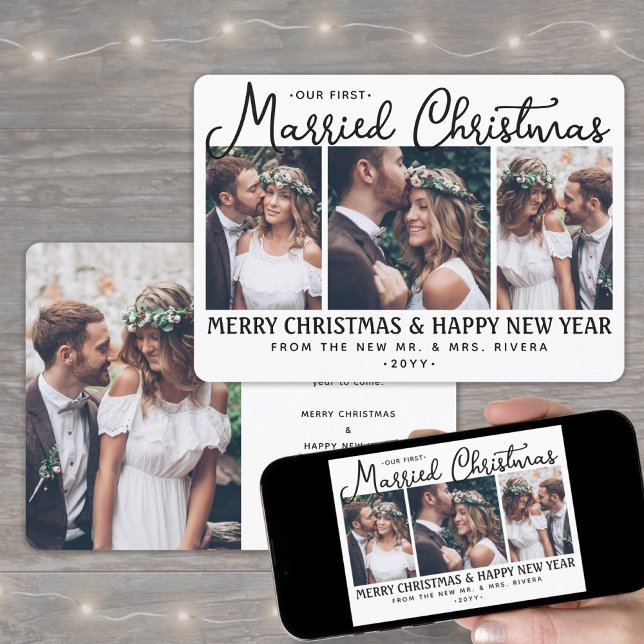 4 Photo Newlyweds 1st Married Christmas White Holiday Card (Creator Uploaded)
