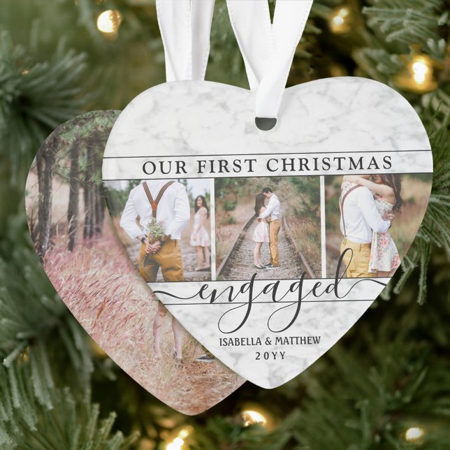 4 Photo Our First Christmas Engaged Faux Marble Ornament (Creator Uploaded)
