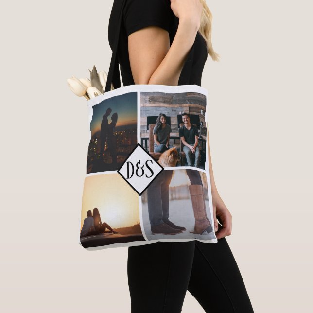 4 Photo Personalised Collage Monogrammed Tote Bag (Close Up)