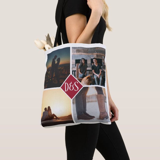 4 Photo Personalised Collage Monogrammed Tote Bag (Close Up)