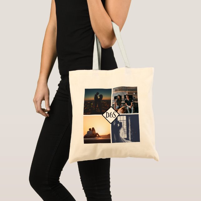 4 Photo Personalised Collage Monogrammed Tote Bag (Front (Product))
