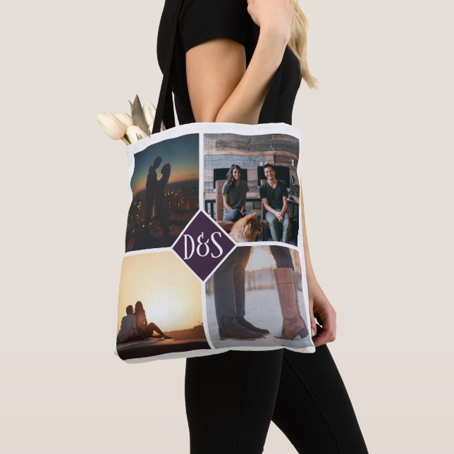 4 Photo Personalised Collage Monogrammed Tote Bag (Close Up)