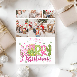 4 Photo Pink Green Bow Tree Merry Christmas Holiday Card