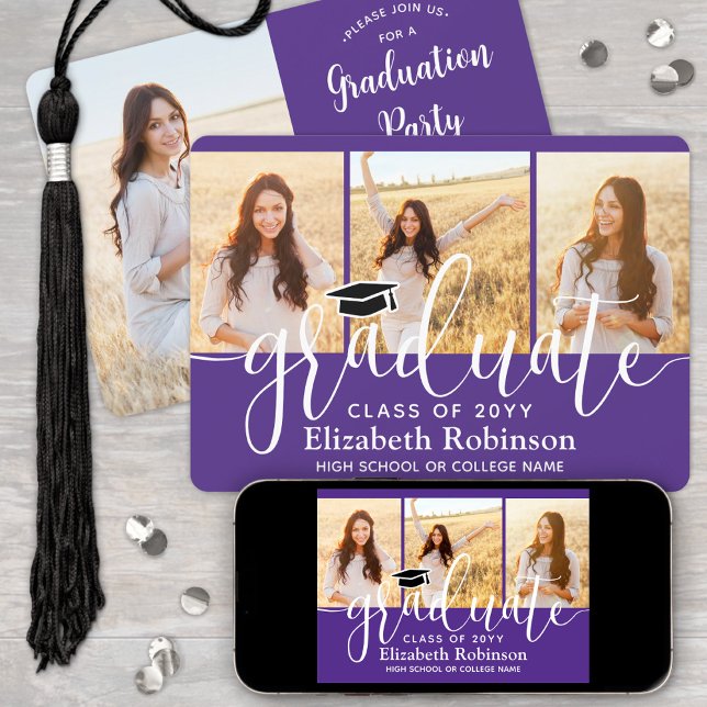 4 Photo Purple and White Script Graduation Party Invitation (Creator Uploaded)