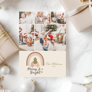 4 Photo Retro Rainbow Merry & Bright  Holiday Card