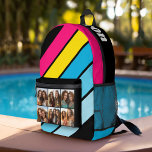 4 Photo Retro stripe pattern cmyk with name Printed Backpack<br><div class="desc">A retro stripe pattern with art inspired colours and a minimal pattern.  Add your favourite photos to this fun memory keeper. The large stripes running diagonal are a funky cmyk combination with bright colours. An artistic way to display your best photo sharing pics.</div>