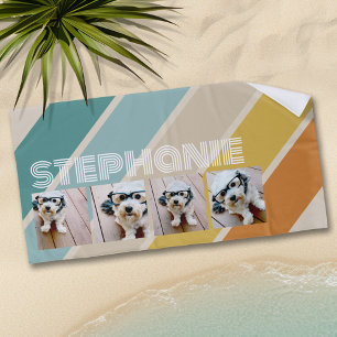 4 Photo Retro stripe pattern funky name Beach Towel