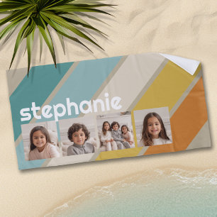 4 Photo Retro stripe pattern funky name Beach Towel