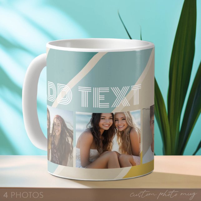 4 Photo Retro stripe pattern funky name Coffee Mug (Custom Photo Mug with 4 Photos)