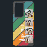 4 Photo Retro stripe pattern rainbow - Script Name Samsung Galaxy Case<br><div class="desc">Add 4 photos to this film strip design with a colourful background. A colourful, retro stripe design with a dark grey background. The stripes are red, orange, yellow, green and a light blue. Add your name or monogram to make this a personal case that will stand out amongst your friends....</div>