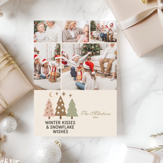 4 Photo Retro Winter Kisses & Snowflake Wishes Holiday Card (Creator Uploaded)