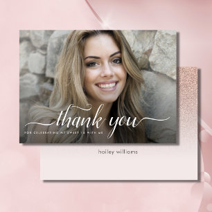 4 Photo Rose Gold Faux Glitter Pink Sweet 16 Thank You Card
