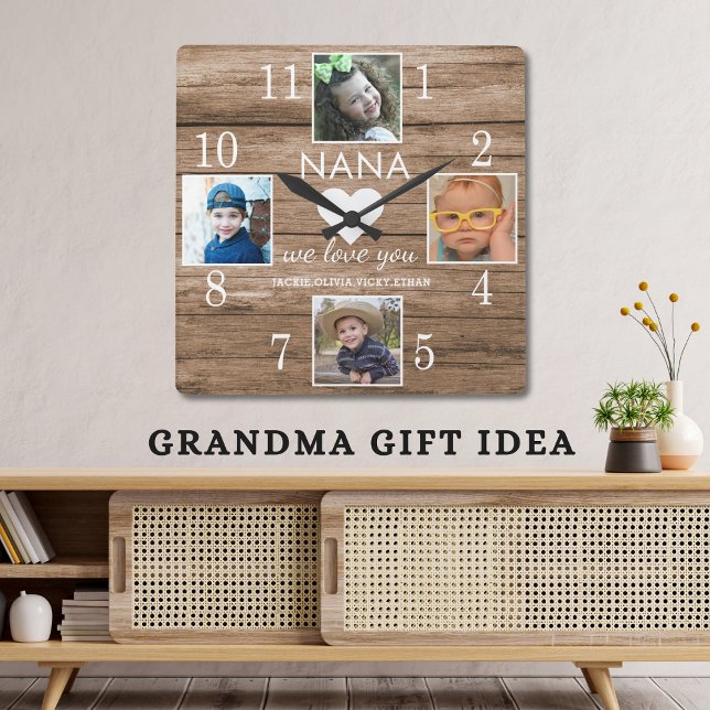  4 Photo Rustic Barn Wood Love You Nana Grandkids  Square Wall Clock (4 Photo Rustic Barn Wood Love You Nana Grandkids Square Wall Clock-grandma gift idea)