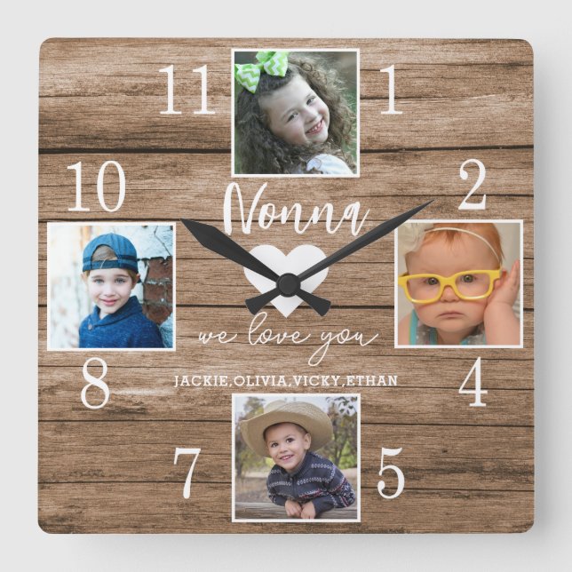 4 Photo Rustic Barn Wood Love You Nonna Grandkids  Square Wall Clock (Front)