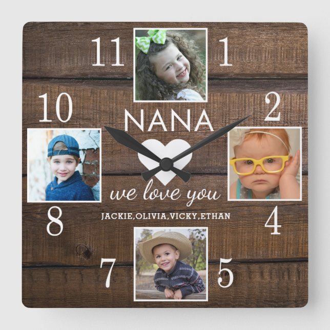 4 Photo Rustic Brown Wood Love You Nana Grandkids  Square Wall Clock (Front)