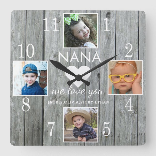  4 Photo Rustic Gray Wood Love You Nana Grandkids Square Wall Clock (Front)