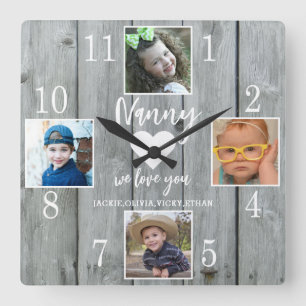 4 Photo Rustic Grey Wood Love You Nanny Grandkids Square Wall Clock
