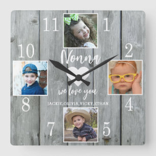 4 Photo Rustic Grey Wood Love You Nonna Grandkids Square Wall Clock