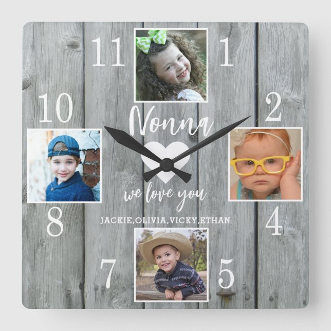 4 Photo Rustic Grey Wood Love You Nonna Grandkids Square Wall Clock (Front)