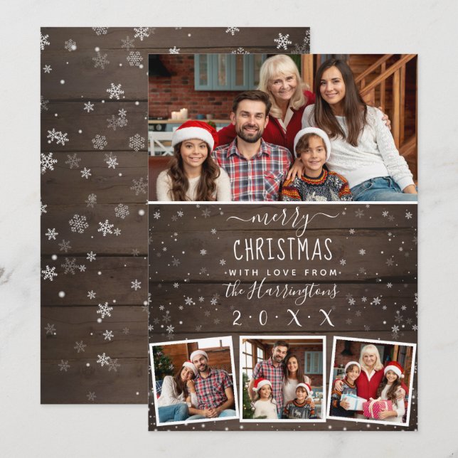 4 Photo Snow & Vintage Wood Merry Christmas Invitation (Front/Back)