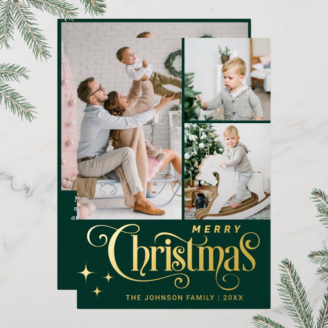 4 PHOTO Sparkle Merry Christmas Greeting Gold (Real foil print Christmas holiday greeting card.)