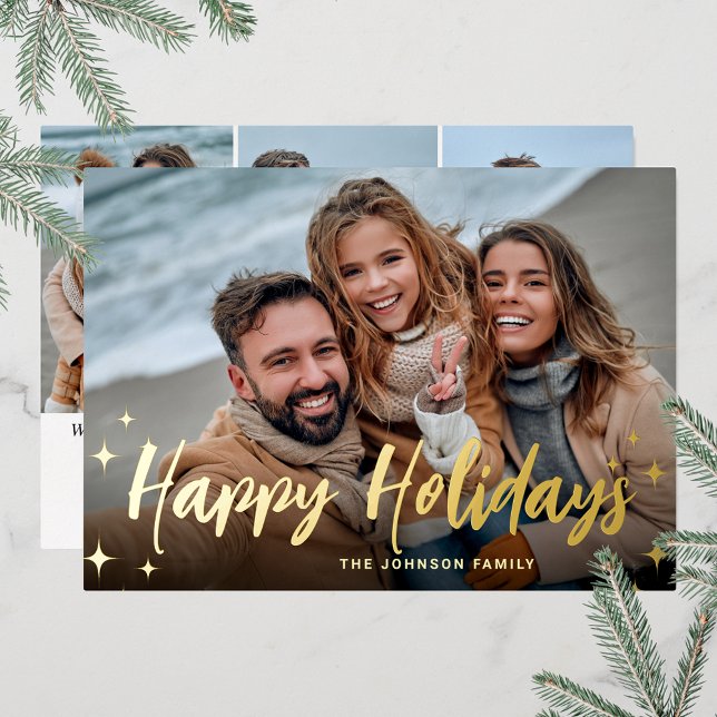 4 PHOTO Sparkle Merry Christmas Greeting Gold (Customizable Christmas holiday greeting photo card with real foil print.)