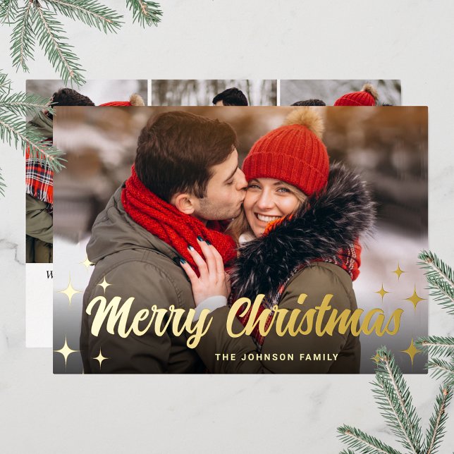 4 PHOTO Sparkle Merry Christmas Greeting Gold (Customizable Christmas holiday greeting photo card with real foil print.)