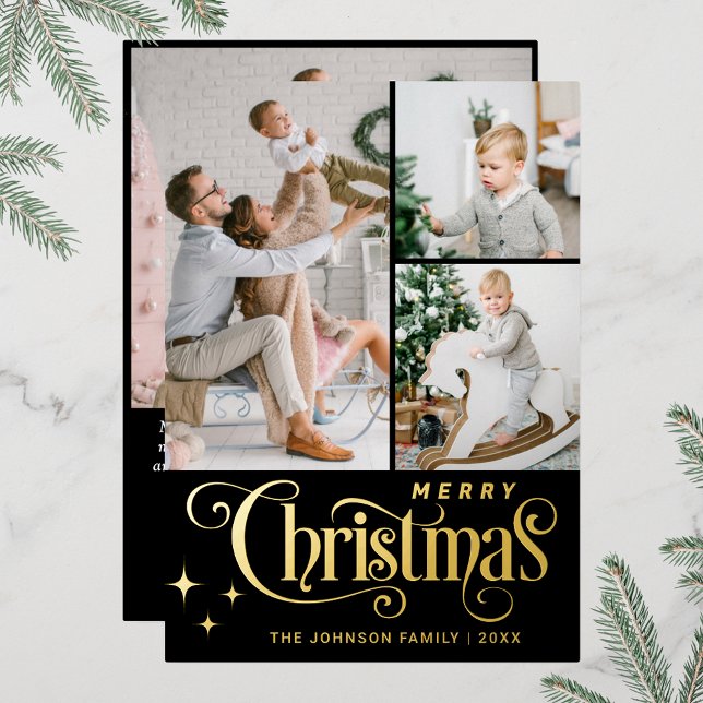 4 PHOTO Sparkle Merry Christmas Greeting Gold (Real foil print Christmas holiday greeting card.)
