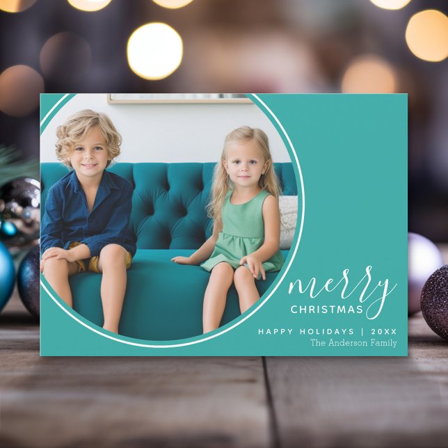 4 Photo Teal Blue Handwritten Merry Christmas Holiday Card (Modern Christmas Photo Greeting Card)