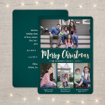 4 Photo Teal Green Merry Christmas Modern Collage<br><div class="desc">Send stylish joyful greetings and share your favourite pictures with a custom four photo collage teal and rose gold foil holiday card. All text on this template is simple to customise to include any wording, such as Merry Christmas, Happy Holidays, Seasons Greetings, New Year Cheers etc. (IMAGE PLACEMENT TIP: An...</div>