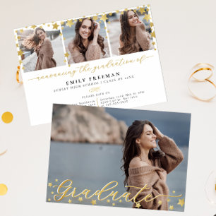 4 Photo Trendy Gold Star Chic Graduation Party  Invitation