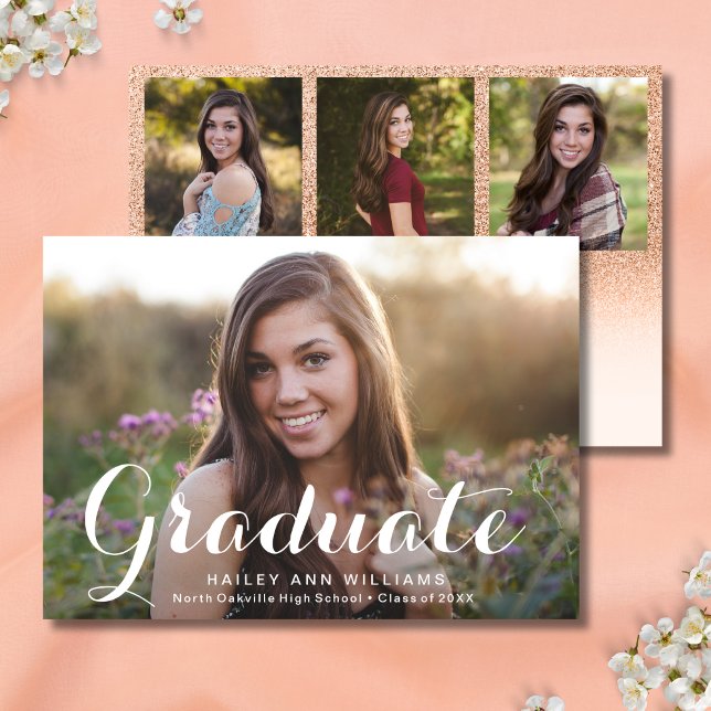 4 Photo Trendy Peach Chic Graduation Party Invitation (Creator Uploaded)