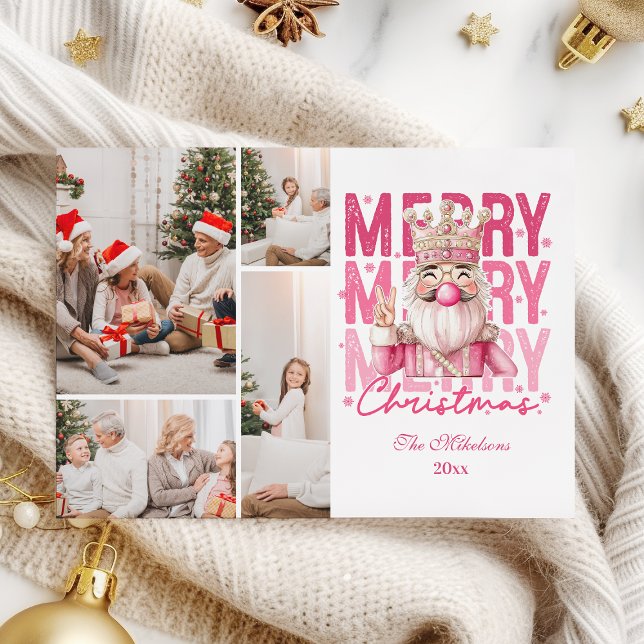 4 Photo Vintage Pink Nutcracker Christmas  Holiday Card (Creator Uploaded)