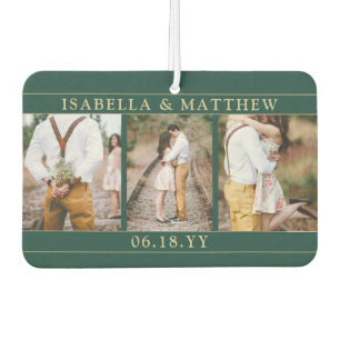 4 Photo Wedding Collage Elegant Green & Gold Heart Car Air Freshener