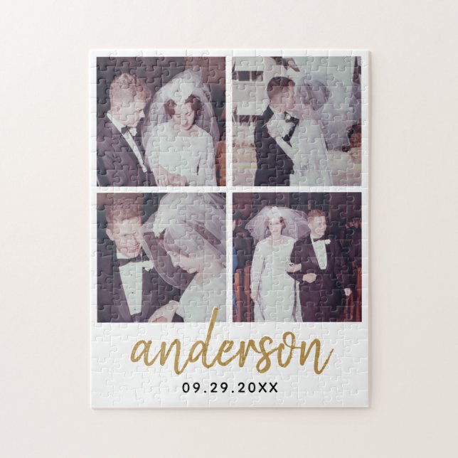 4 Photo Wedding Collage Handwritten Name Jigsaw Puzzle (Vertical)