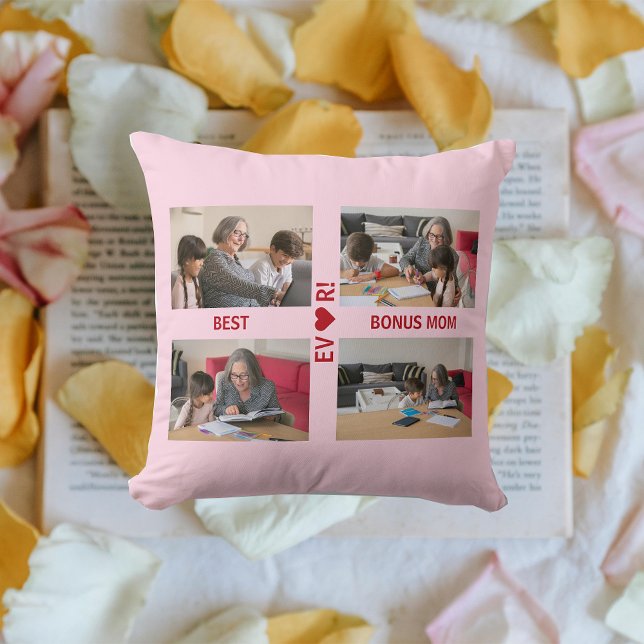 4 Photos Best Bonus Mum Ever Heart Photo Collage  Cushion (Best Bonus Mom EVER! Heart. 4 photos. Modern, elegant Mother's Day gift for Stepmom / Second Mom )