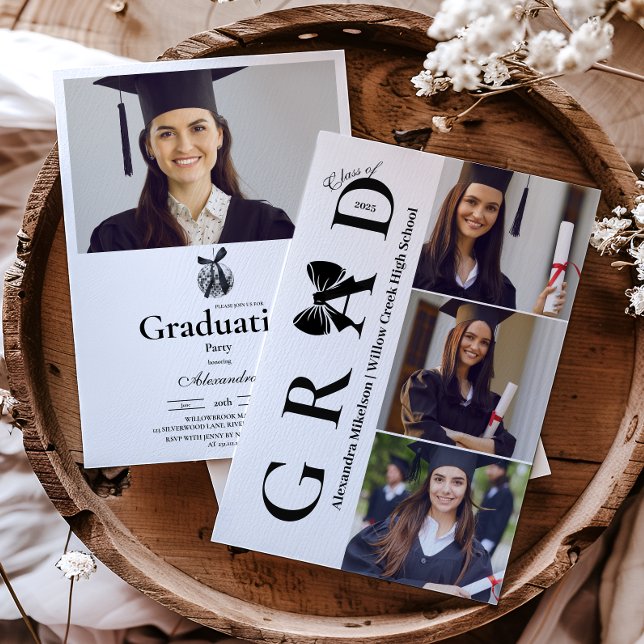 4 Photos Black Bow  Disco Ball Graduation Party  Invitation (Creator Uploaded)