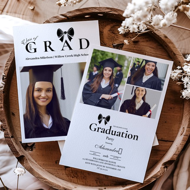 4 Photos Black Bow Graduation Party  Invitation (Creator Uploaded)