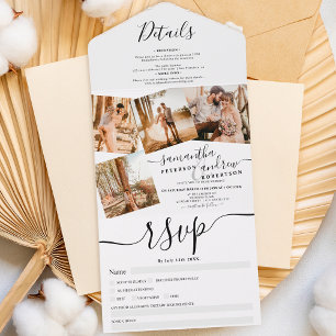 4 Photos black white modern script wedding All In One Invitation