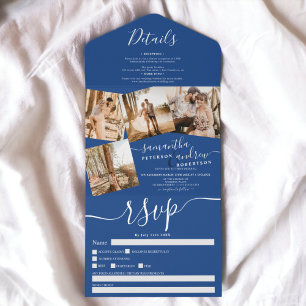 4 Photos blue white modern script wedding All In One Invitation