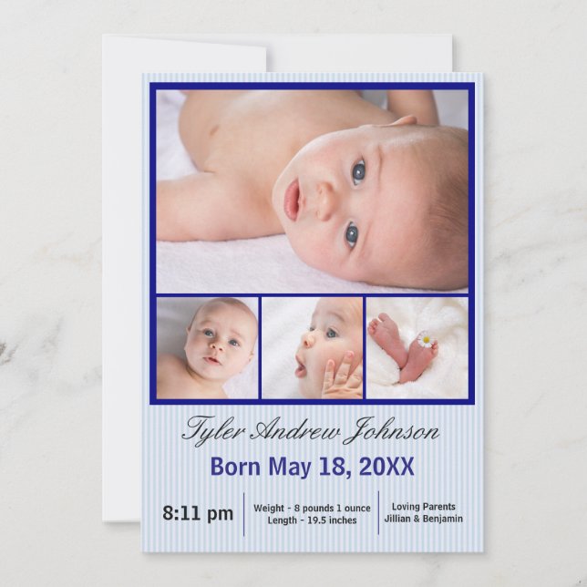 4 Photos Collage Blue Stripes - Birth Announcement (Front)