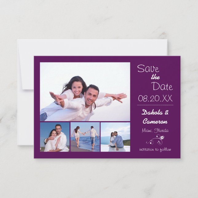 4 Photos Collage Eggplant - 3x5 Save the Date (Front)
