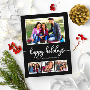 4 Photos Collage Happy Holidays Modern Black Postcard
