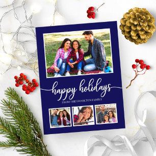 4 Photos Collage Happy Holidays Modern Blue Postcard