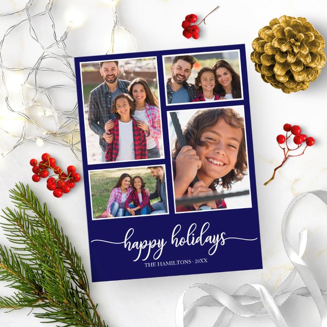 4 Photos Collage Happy Holidays Modern Navy Blue Postcard (Creator Uploaded)
