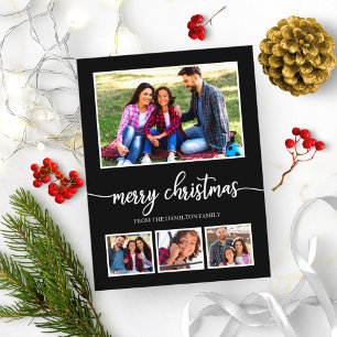 4 Photos Collage Merry Christmas Modern Black Postcard
