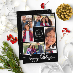4 Photos Collage Monogram Happy Holidays Black Invitation