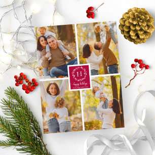 4 Photos Collage Monogram Happy Holidays Christmas Postcard